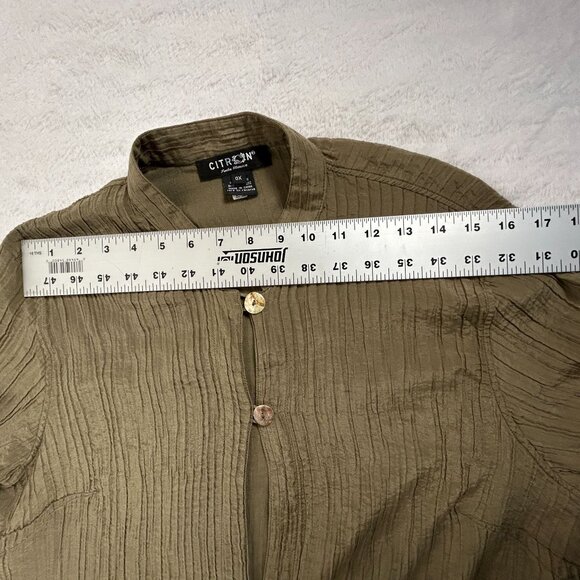 Citron Santa Monica Olive Textured Silk Cotton Blouse Jacket 0X Mandarin Collar - Picture 6 of 8